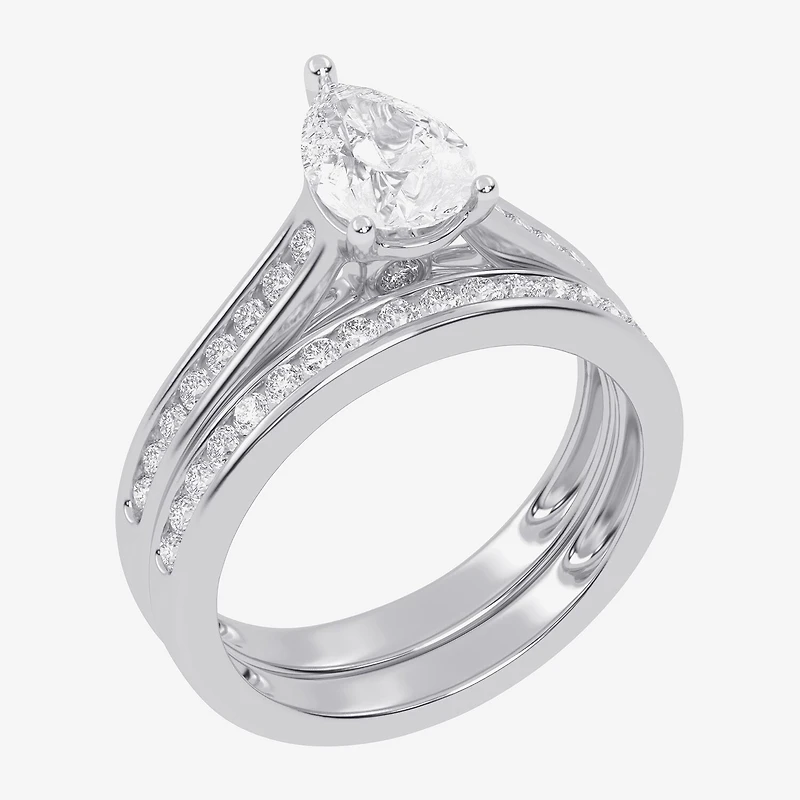 (G / Vs2-Si1) Womens 1 1/2 CT. T.W. Lab Grown White Diamond 10K Gold Pear Side Stone Bridal Set