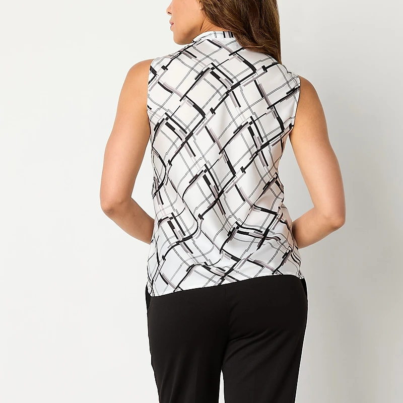 Black Label by Evan-Picone Womens Split Tie Neck Sleeveless Satin Blouse