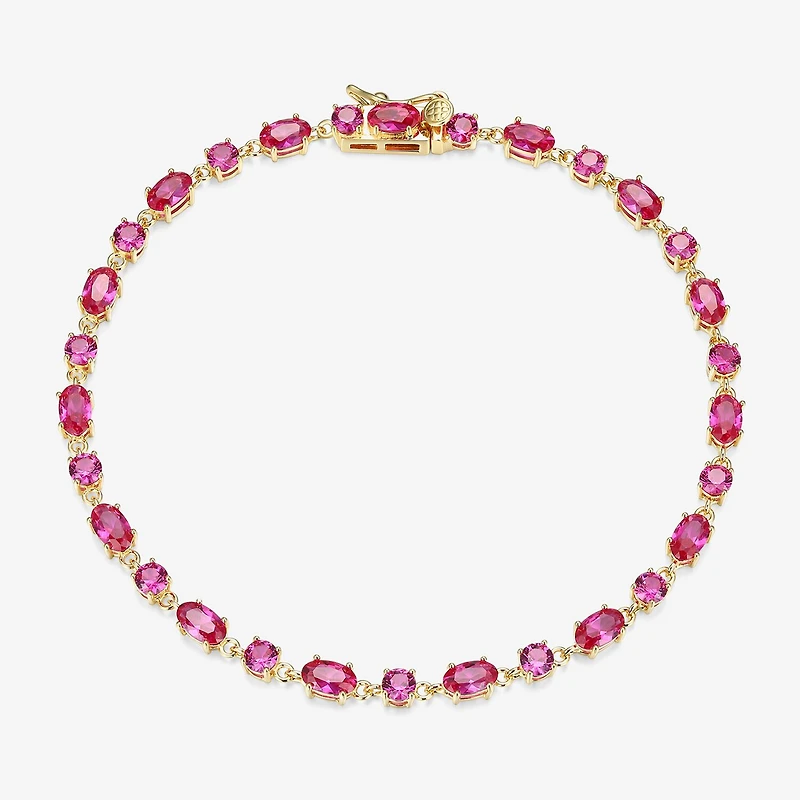 Womens Lab Created Red Ruby 18K Gold Over Silver Oval 7.25 Inch Tennis Bracelet