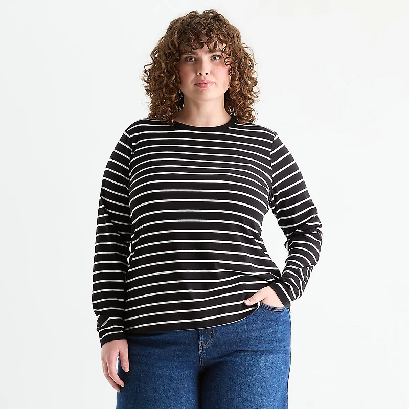 a.n.a Womens Plus Round Neck Long Sleeve T-Shirt