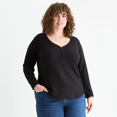 a.n.a Womens Plus Long Sleeve Regular Fit Henley Shirt