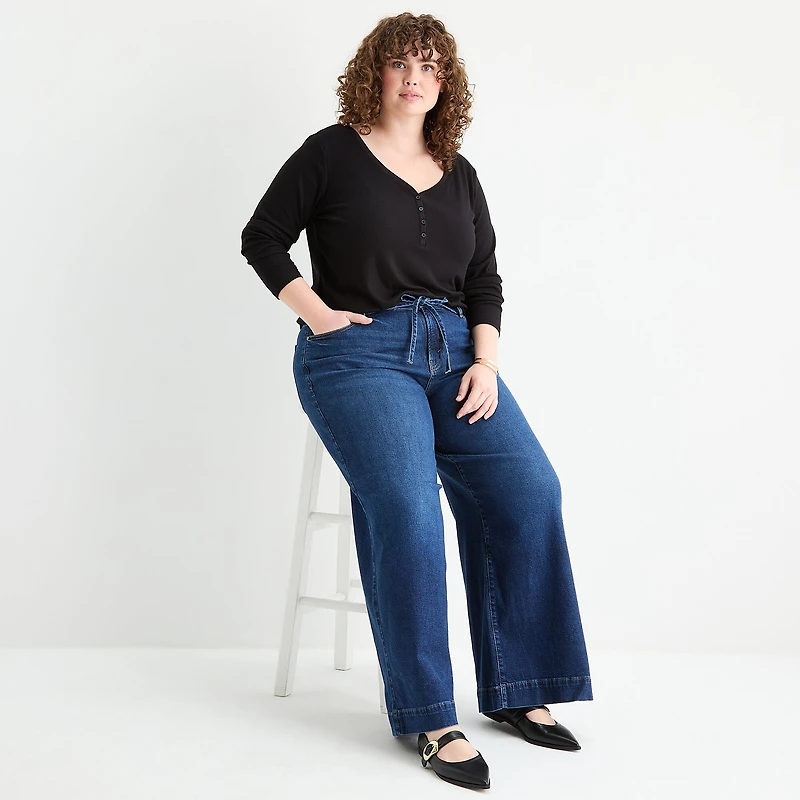 a.n.a Womens Plus Long Sleeve Regular Fit Henley Shirt