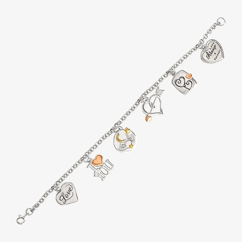 Tri-Tone Sterling Silver Love Heart Charm Bracelet