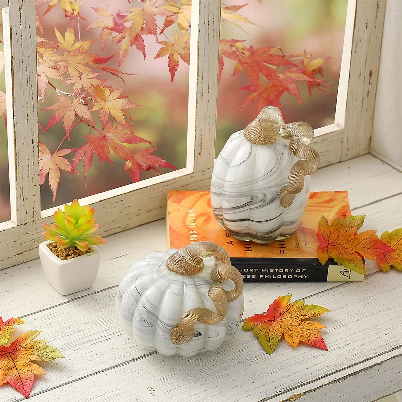 Glitzhome Gray Marble Glass Pumpkin 2-pc. Thanksgiving Tabletop Decor