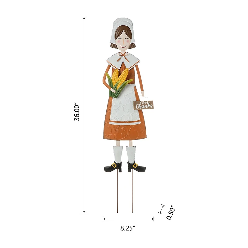 Glitzhome Metal Harvest Pilgrim Girl Thanksgiving Yard Art