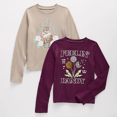 Thereabouts Little & Big Kid Girls Sensory Friendly Crew Neck Long Sleeve Adaptive Regular Fit 2 Pack Graphic T-Shirt