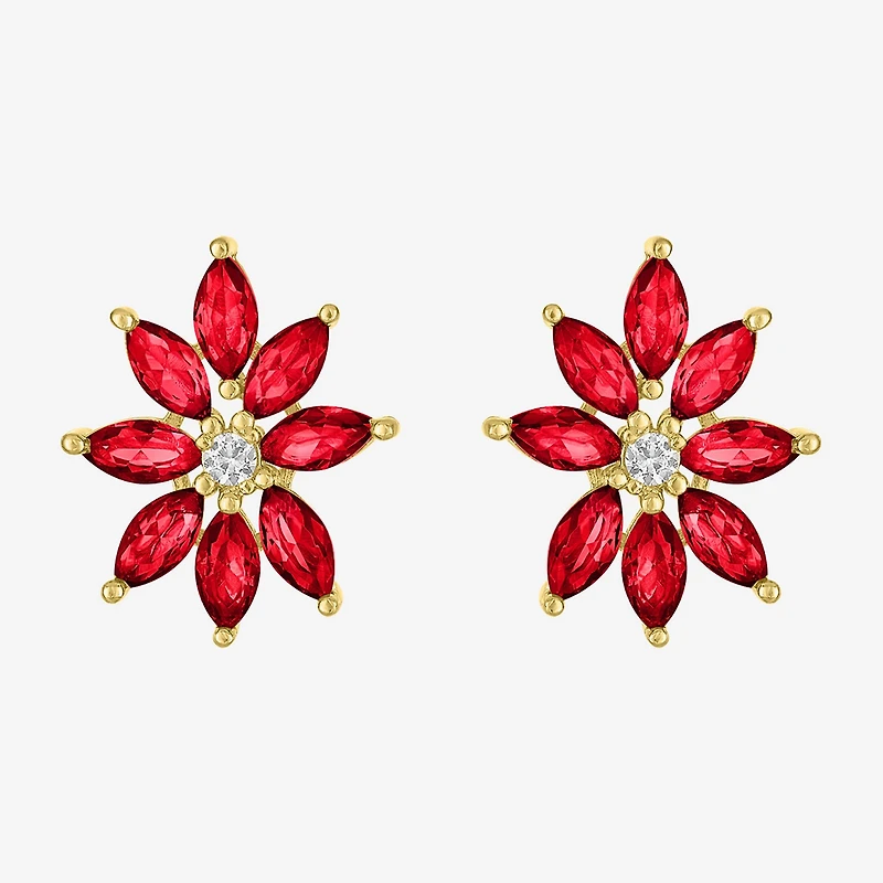 Lab Created Red Ruby 14K Gold Over Silver 16mm Flower Stud Earrings
