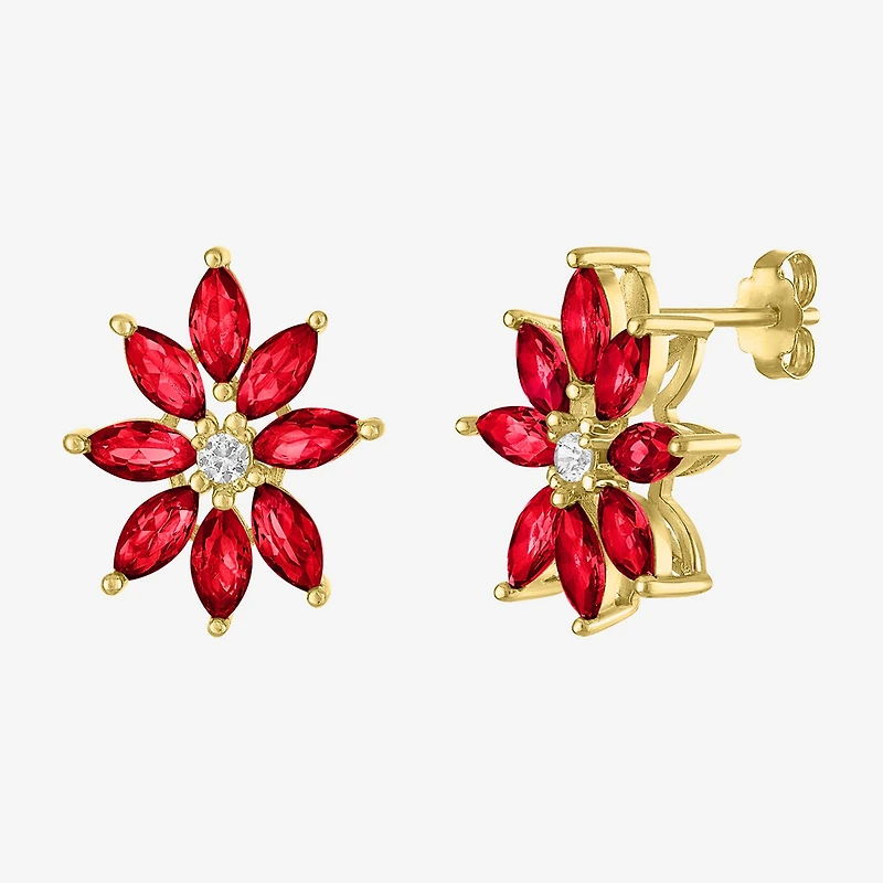 Lab Created Red Ruby 14K Gold Over Silver 16mm Flower Stud Earrings