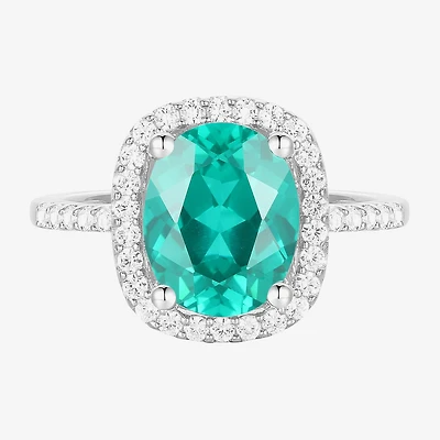 Womens Lab Created Green Yttrium Aluminum Garnet Sterling Silver Oval Halo Cocktail Ring