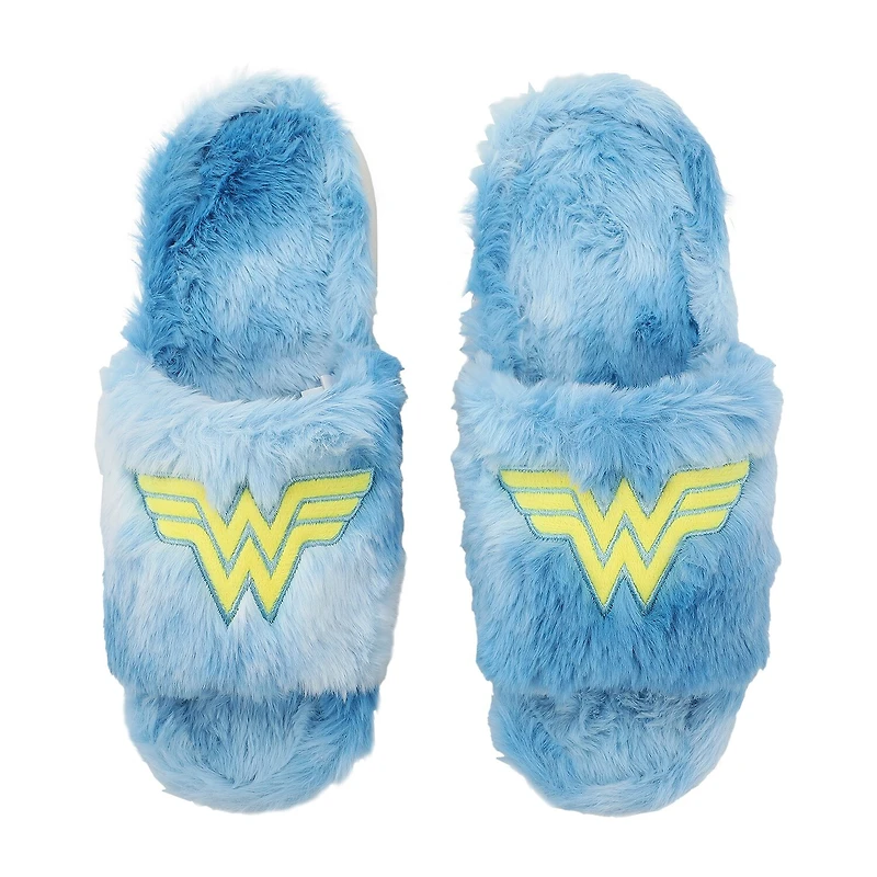 Womens Wonder Woman Faux Fur Trim Slip-On Slippers