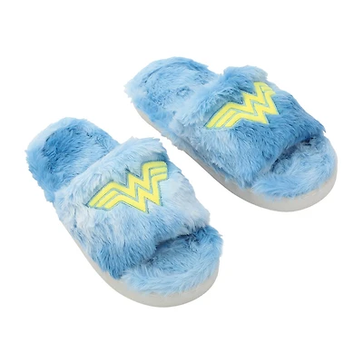 Womens Wonder Woman Faux Fur Trim Slip-On Slippers