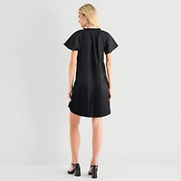 Robbie Bee Womens Petite V Neck Short Sleeve Shift Dress