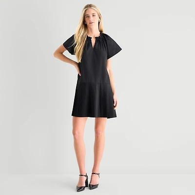 Robbie Bee Womens Petite V Neck Short Sleeve Shift Dress