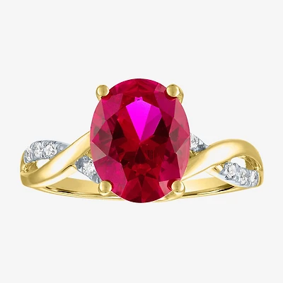 Womens Diamond Accent Lab Created Red Ruby 10K Gold Side Stone Cocktail Ring