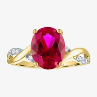 Womens Diamond Accent Lab Created Red Ruby 10K Gold Side Stone Cocktail Ring
