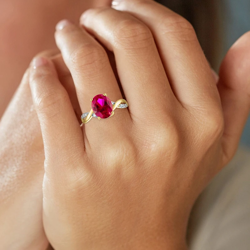 Womens Diamond Accent Lab Created Red Ruby 10K Gold Side Stone Cocktail Ring