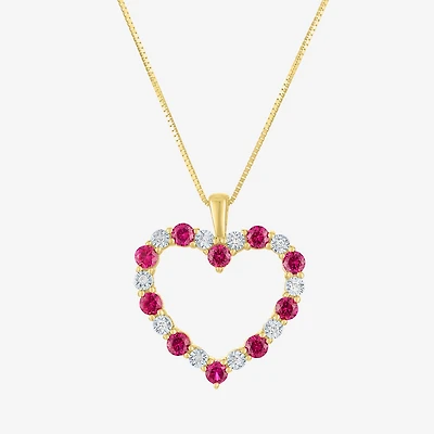 Womens Diamond Accent Lab Created Red Ruby 10K Gold Heart 18 Inch Pendant Necklace