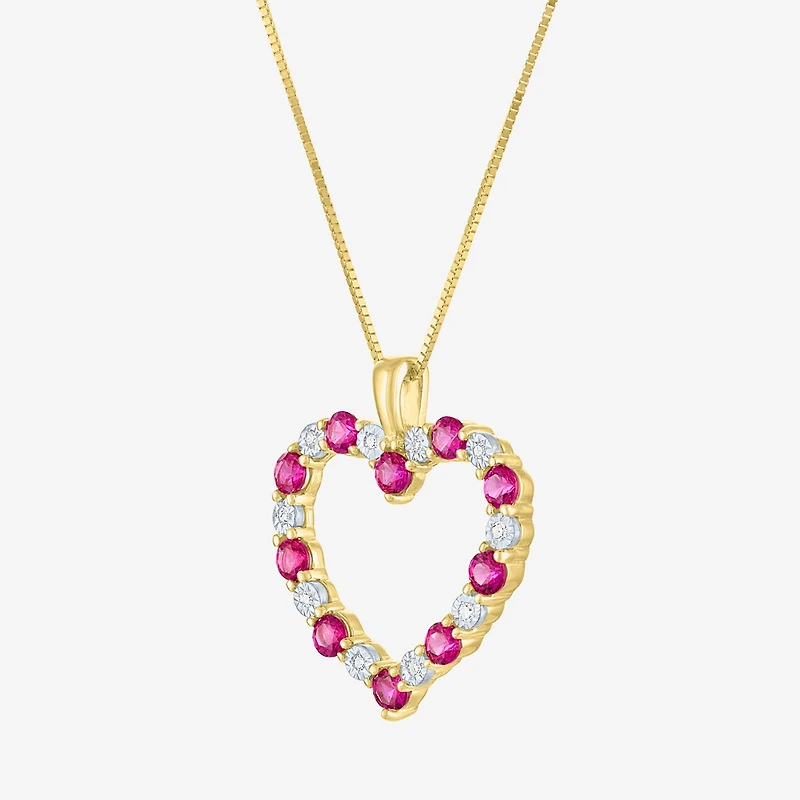 Womens Diamond Accent Lab Created Red Ruby 10K Gold Heart 18 Inch Pendant Necklace