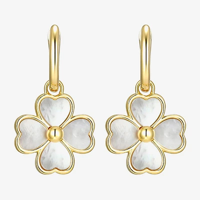 Womens White Mother Of Pearl 18K Gold Over Silver 25.3mm Flower Hoop Earrings