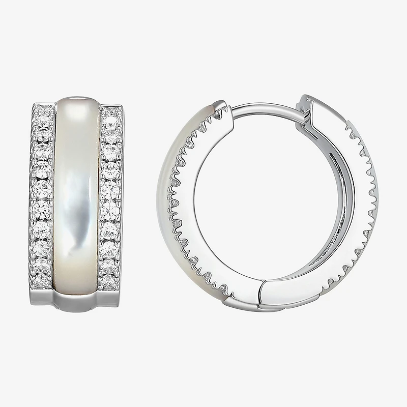 Womens White Mother Of Pearl Sterling Silver 15.6mm Hoop Earrings