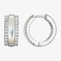 Womens White Mother Of Pearl Sterling Silver 15.6mm Hoop Earrings
