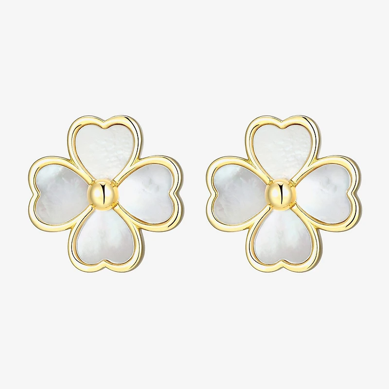 White Mother Of Pearl 18K Gold Over Silver 13.1mm Flower Stud Earrings