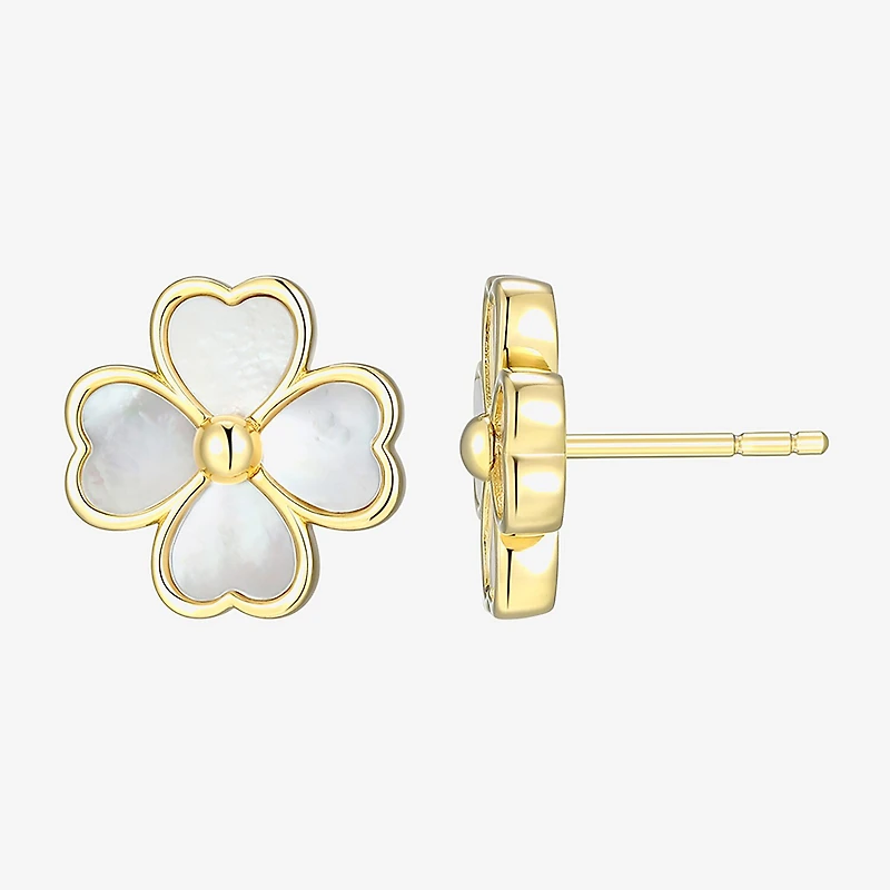 White Mother Of Pearl 18K Gold Over Silver 13.1mm Flower Stud Earrings