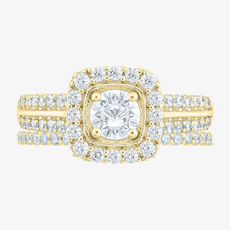 (F /Vs2) Unisex Adult 1 1/2 CT. T.W. Lab Grown White Diamond 10K Gold Side Stone Wedding Bridal Set