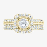 (F /Vs2) Unisex Adult 1 1/2 CT. T.W. Lab Grown White Diamond 10K Gold Side Stone Wedding Bridal Set