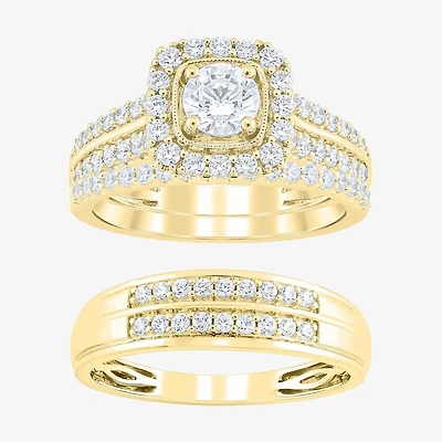 (F /Vs2) Unisex Adult 1 1/2 CT. T.W. Lab Grown White Diamond 10K Gold Side Stone Wedding Bridal Set