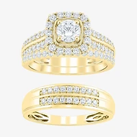 (F /Vs2) Unisex Adult 1 1/2 CT. T.W. Lab Grown White Diamond 10K Gold Side Stone Wedding Bridal Set