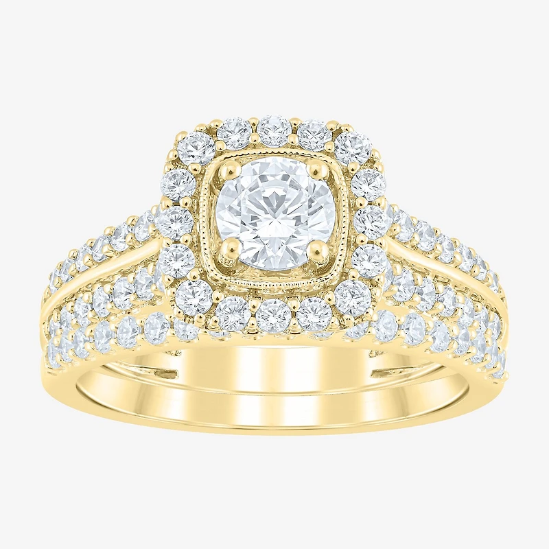 (F /Vs2) Unisex Adult 1 1/2 CT. T.W. Lab Grown White Diamond 10K Gold Side Stone Wedding Bridal Set