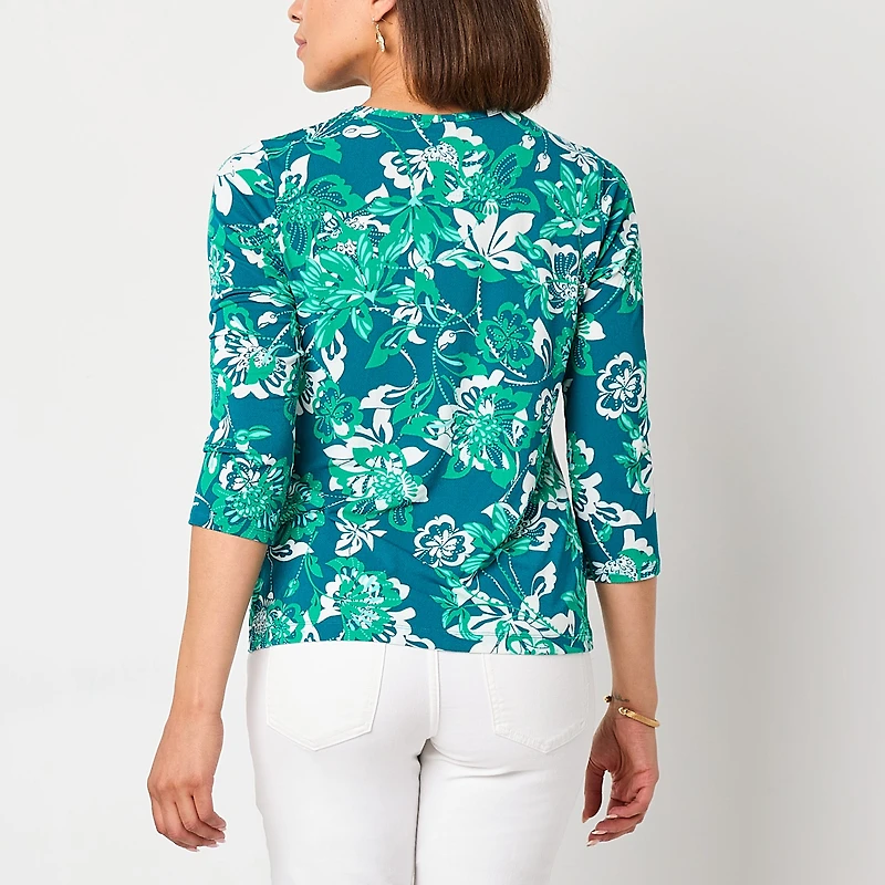 Liz Claiborne Womens Petite Keyhole Neck 3/4 Sleeve Blouse