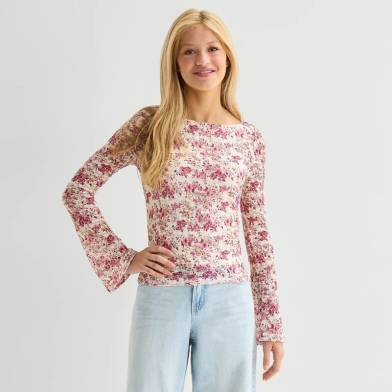 Arizona Womens Juniors Crew Neck Long Sleeve Blouse