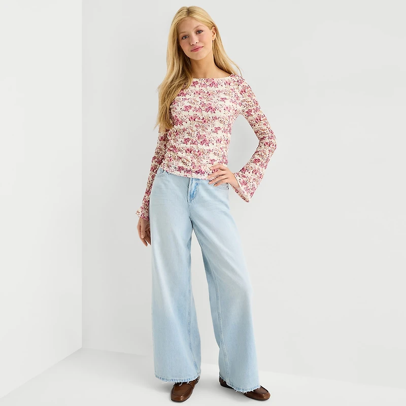 Arizona Womens Juniors Crew Neck Long Sleeve Blouse