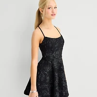 Emerald Sundae Womens Juniors Straight Neck Sleeveless Floral Fit + Flare Dress
