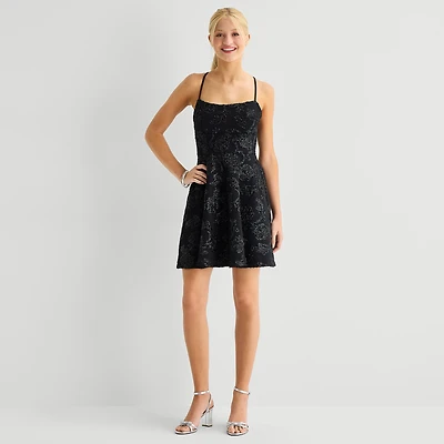 Emerald Sundae Womens Juniors Straight Neck Sleeveless Floral Fit + Flare Dress
