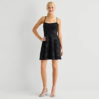 Emerald Sundae Womens Juniors Straight Neck Sleeveless Floral Fit + Flare Dress