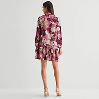 Be by CHETTA B Womens Split Tie Neck Long Sleeve Floral Shift Dress