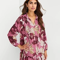 Be by CHETTA B Womens Split Tie Neck Long Sleeve Floral Shift Dress