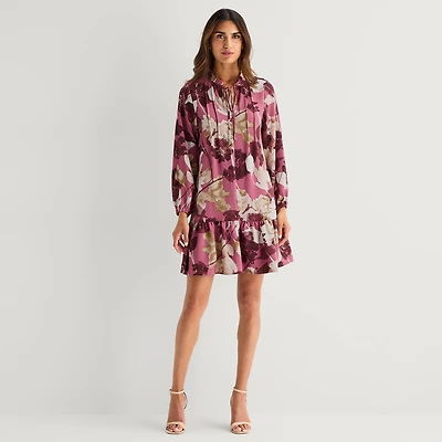 Be by CHETTA B Womens Split Tie Neck Long Sleeve Floral Shift Dress