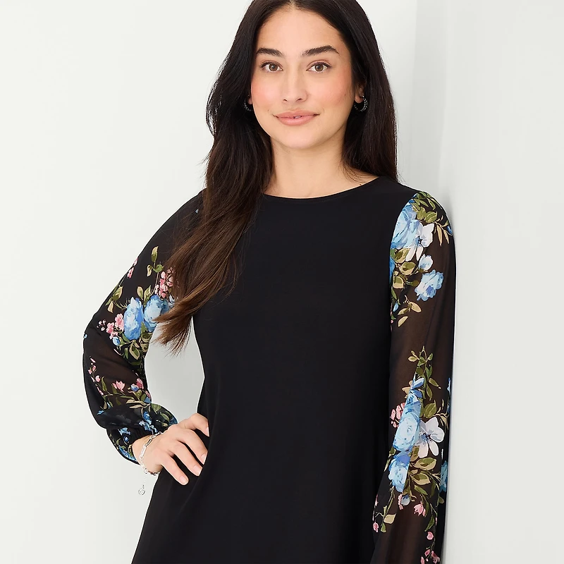 MSK Womens Round Neck Long Sleeve Floral Shift Dress