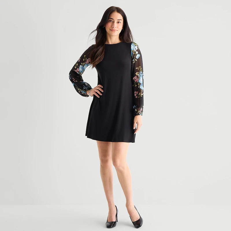 MSK Womens Round Neck Long Sleeve Floral Shift Dress