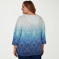 Alfred Dunner Classics Womens Plus Square Neck 3/4 Sleeve T-Shirt