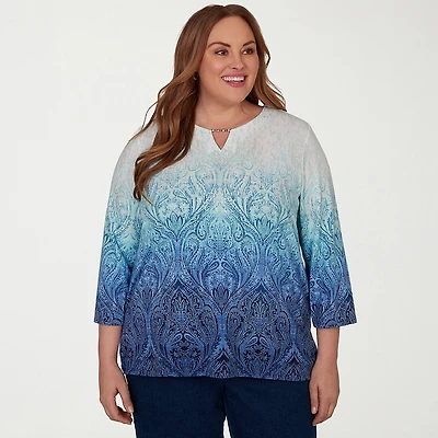 Alfred Dunner Classics Womens Plus Square Neck 3/4 Sleeve T-Shirt