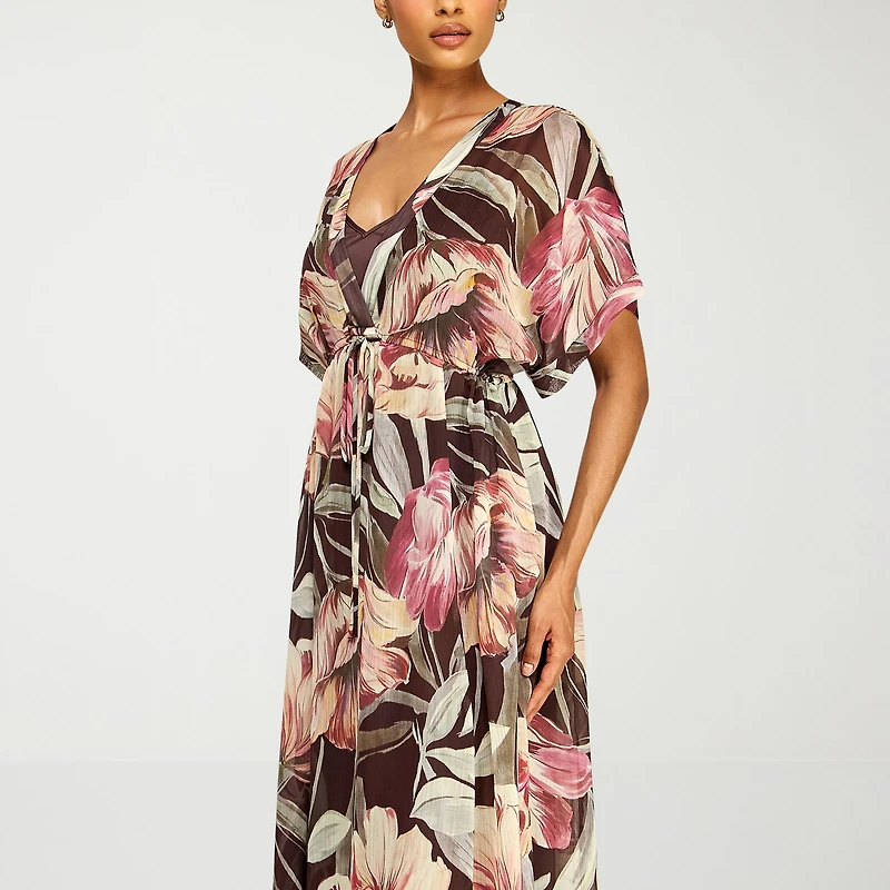 Premier Amour Womens V Neck Short Sleeve Kimono Maxi Dress