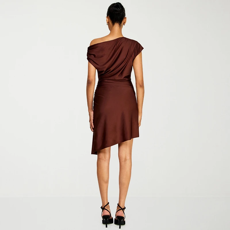 Premier Amour Womens High-Low Asymmetrical Neck Sleeveless Off the Shoulder Fit + Flare Dress