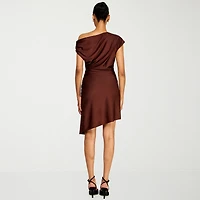 Premier Amour Womens High-Low Asymmetrical Neck Sleeveless Off the Shoulder Fit + Flare Dress