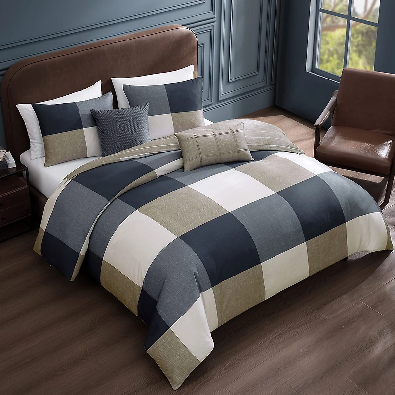 Bebejan Checkered Navy Tan 5-pc. Midweight REVERSIBLE Comforter Set
