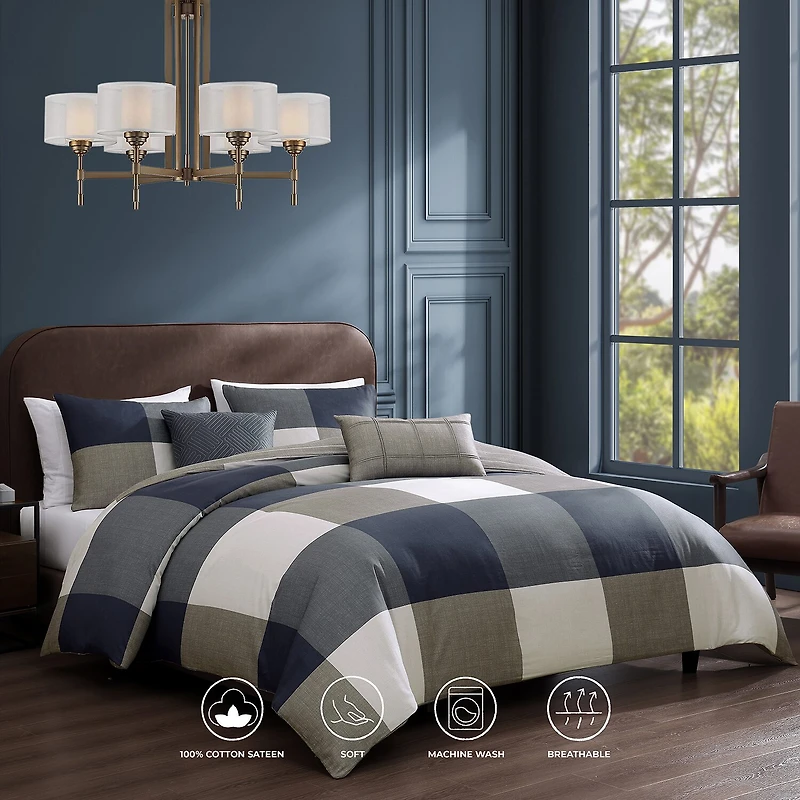 Bebejan Checkered Navy Tan 5-pc. Midweight REVERSIBLE Comforter Set